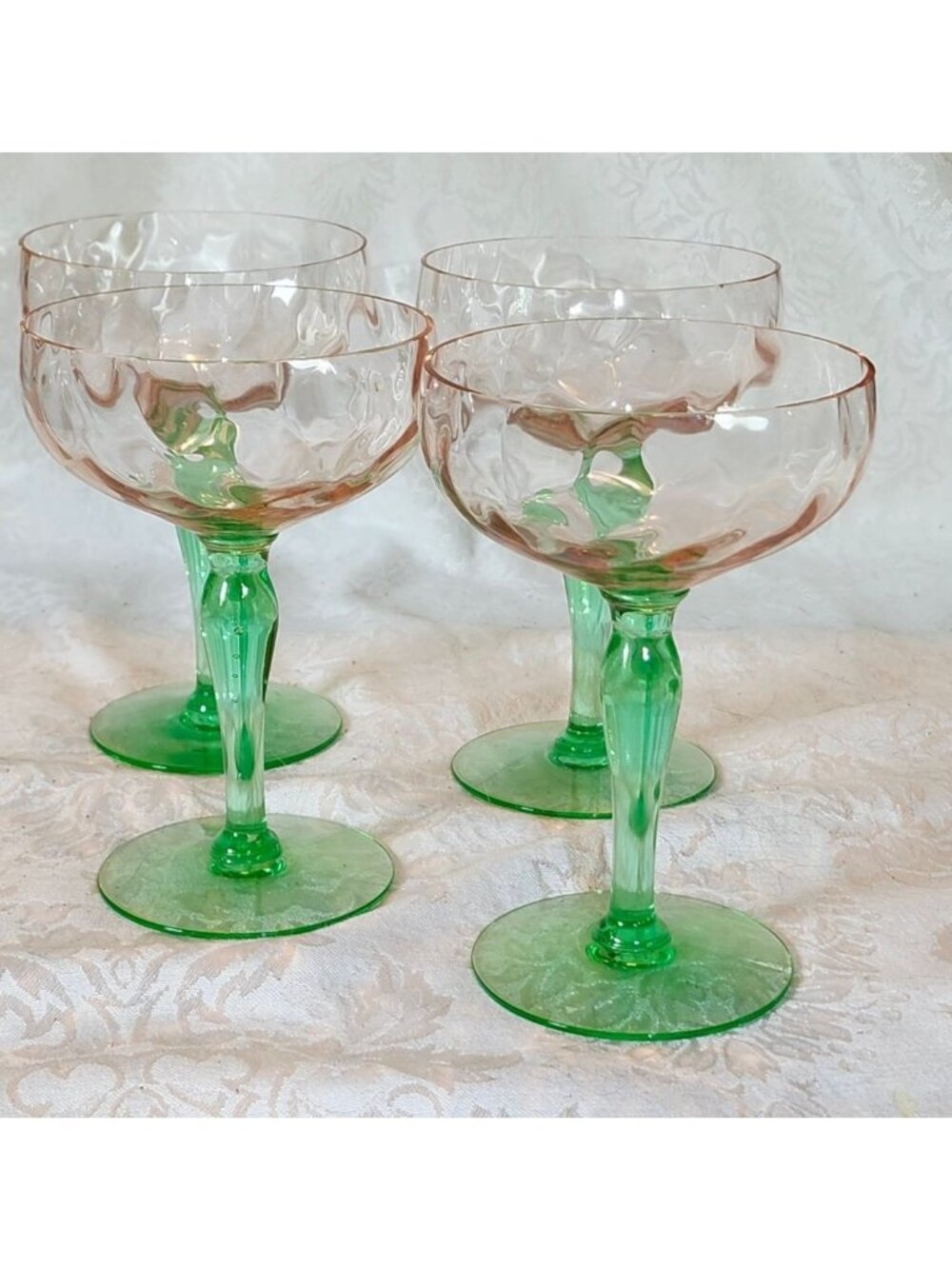 Vintage Tiffin Watermelon Champagne Coupes Pink Optic Bowls Green Ura